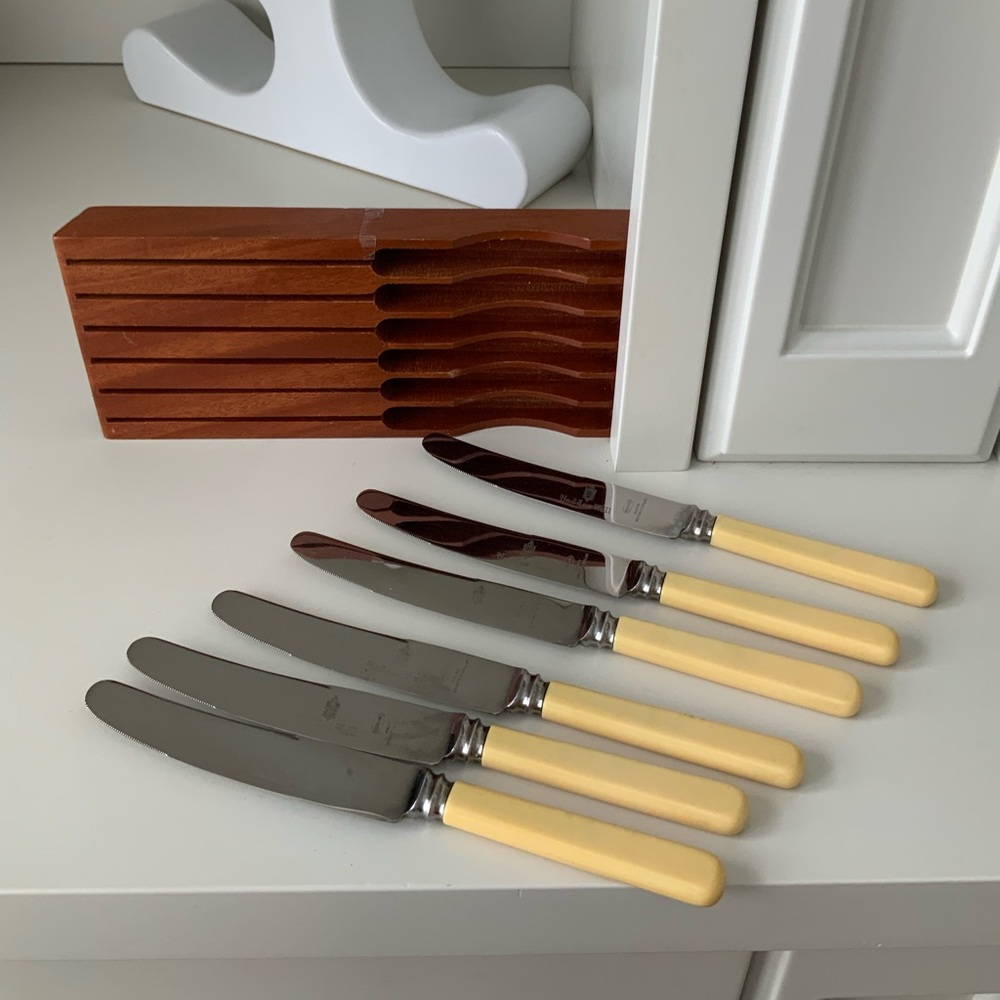 Vintage HADDON HALL Stainless Steel Dinner Knives w Wooden Holder Sheffield X 6